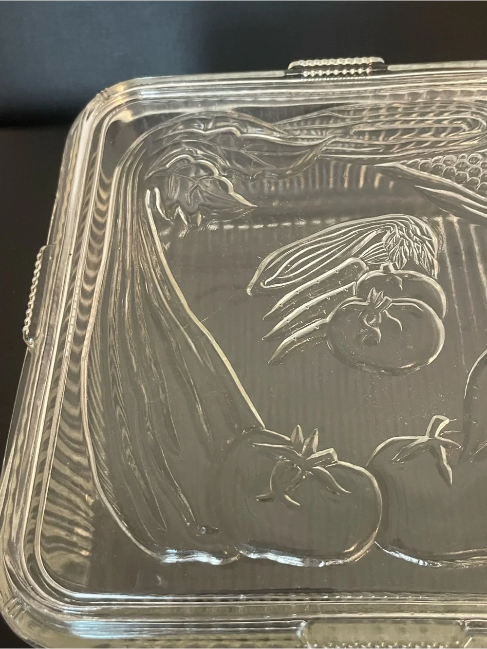 Vintage Federal Glass Square Refrigerator Dish Ribbed Sides Vegetable Motif Lid